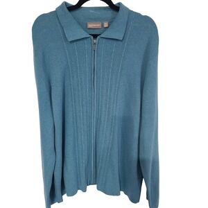 Croft & Barrow Women's 2X Cardigan Sweater Aqua Blue Cotton Zip Mock Neck NEW